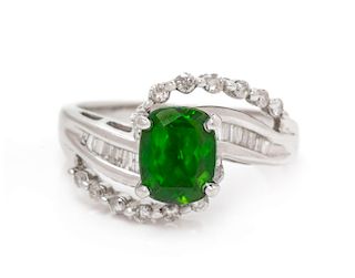 A 14 Karat White Gold, Chrome Diopside and Diamond Ring, 3.70 dwts.