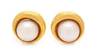 A Pair of 18 Karat Yellow Gold and Mabe Pearl Earclips, Cellino, 10.30 dwts.
