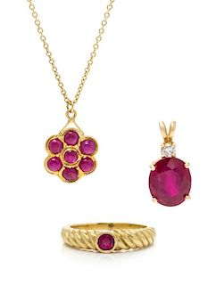 A Collection of Yellow Gold, Ruby and Diamond Jewelry, 7.50 dwts.