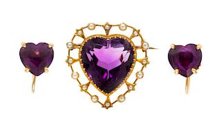 A Collection of Yellow Gold and Amethyst Heart Motif Jewelry, 5.50 dwts.