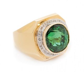 A 14 Karat Yellow Gold, Green Tourmaline and Diamond Ring, 10.40 dwts.
