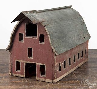 Painted pine toy barn, early 20th c., made from packing boxes, 8 1/2'' h., 14 1/2'' w.