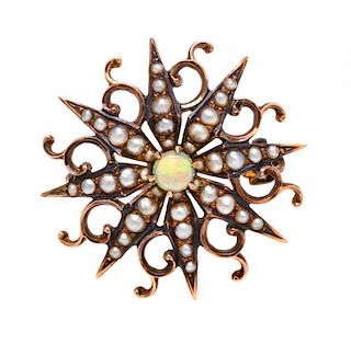 A Victorian Rose Gold, Opal, and Seed Pearl Starburst Brooch, 2.30 dwts.