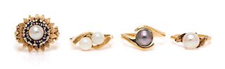 A Collection of 14 Karat Yellow Gold Cultured Pearl Rings, 12.70 dwts.