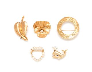 A Collection of 14 Karat Yellow Gold Brooches, 12.30 dwts.