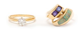 A Collection of 14 Karat Yellow Gold and Multigem Rings, 5.40 dwts.