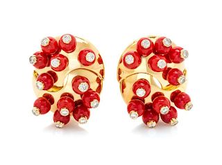 A Pair of 18 Karat Yellow Gold, Coral and Diamond Earclips, Aletto Brothers, 22.00 dwts.
