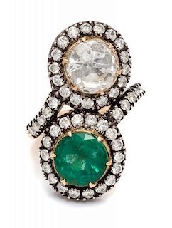 A Silver Topped Gold, Diamond and Emerald Twin Ring, 7.30 dwts.