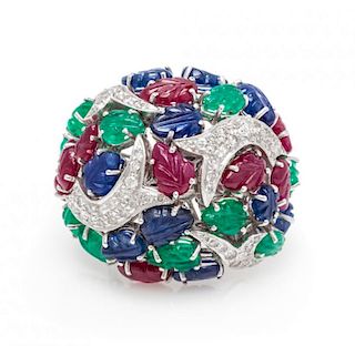 A White Gold, Ruby, Sapphire and Emerald Ring, 11.10 dwts.