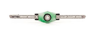 An Art Deco Platinum Topped White Gold, Jade, Onyx and Enamel Bar Brooch, 2.90 dwts.