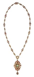 A Renaissance Revival Gilt Silver, Green Tourmaline, Pink Tourmaline and Pearl Necklace, Austro-Hungarian, 28.20 dwts.