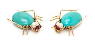 A Pair of Yellow Gold, Turquoise, and Multigem Spider Brooches, 10.30 dwts.