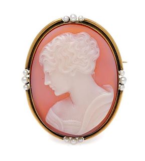 An 18 Karat Yellow Gold, Hardstone Cameo and Seed Pearl Brooch, 9.20 dwts.