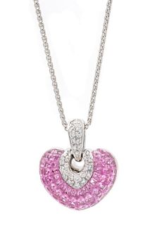 An 18 Karat White Gold, Diamond and Pink Sapphire Heart Pendant, 6.20 dwts.