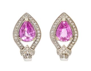 A Pair of 14 Karat White Gold, Pink Sapphire and Diamond Earclips, 3.10 dwts.