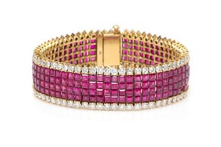 An 18 Karat Yellow Gold, Ruby and Diamond Invisible Set Bracelet, 42.80 dwts.