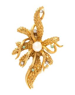 An 18 Karat Yellow Gold, Cultured Pearl, Diamond and Turquoise Floral Brooch, Industria Argentina, 18.40 dwts.