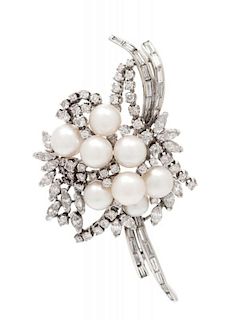 A White Gold, Cultured Pearl and Diamond Pendant/Brooch, 12.70 dwts.