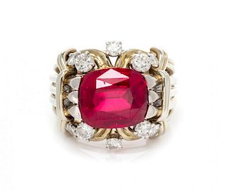 A Platinum, White Gold, Synthetic Ruby and Diamond Ring, French, 9.70 dwts.