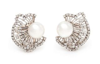 A Pair of 18 Karat White Gold, Cultured South Sea Pearl and Diamond Earclips, 14.50 dwts.