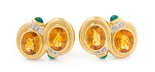 A Pair of 18 Karat Yellow Gold, Citrine, Diamond and Green Chalcedony Earclips, 17.60 dwts.