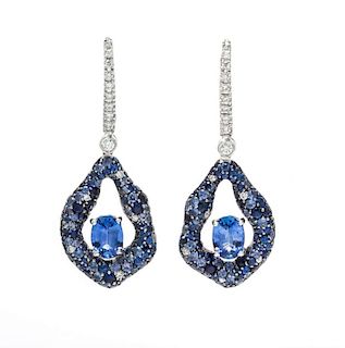 A Pair of 18 Karat White Gold, Sapphire and Diamond Drop Earrings, Miiori, 6.80 dwts.