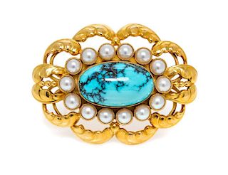 An 18 Karat Yellow Gold, Turquoise and Cultured Pearl Brooch, Georg Jensen, 12.10 dwts.