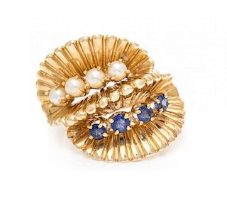 A Retro 14 Karat Yellow Gold, Sapphire, and Cultured Pearl Ring, 8.10 dwts.