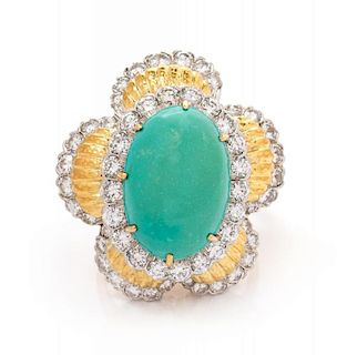 A 14 Karat Bicolor Gold, Turquoise and Diamond Floral Motif Ring, 14.50 dwts.
