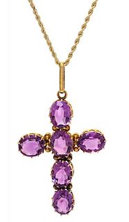 A Yellow Gold and Amethyst Cross Pendant, 9.40 dwts.