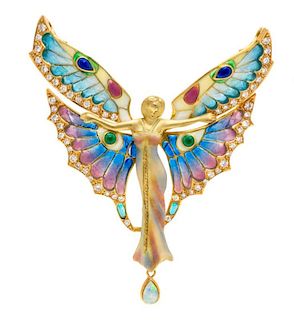 An 18 Karat Yellow Gold, Plique-a-Jour Enamel, Diamond and Opal "Mariposa Butterfly" Pendant/Brooch, Nouveau 1910, 19.40 dwts