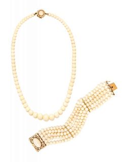A Collection of 14 Karat Yellow Gold and Coral Bead Jewelry, 62.80 dwts.