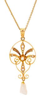 An art Nouveau 10 Karat Yellow Gold, Freshwater River Pearl, Seed Pearl and Diamond Lavalier Pendant, 2.30 dwts.