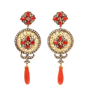 A Pair of Silver Topped Gold, Coral and Diamond Pendant Earrings, 12.80 dwts.