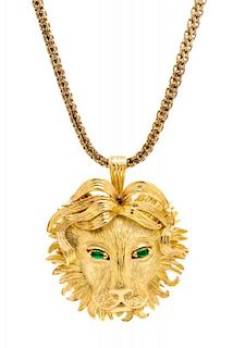 An 18 Karat Yellow Gold and Emerald Lion Pendant, 46.20 dwts.