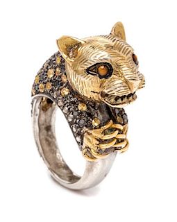 A Silver, Yellow Gold, Yellow Sapphire, Colored Diamond, Diamond and Tiger's Eye Cat Motif Ring, 8.50 dwts.