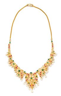 A Yellow Gold, Cultured Pearl, Emerald and Ruby Necklace. 18.70 dwts.