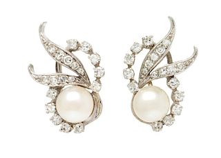 A Pair of 14 Karat White Gold, Diamond and Cultured Pearl Earclips, 5.50 dwts.