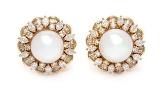 A Pair of 18 Karat Yellow Gold, Cultured South Sea Pearl and Diamond Earclips, 15.40 dwts.