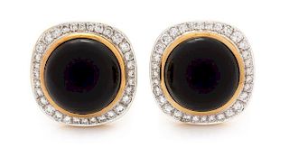 A Pair of 18 Karat Yellow Gold, Onyx and Diamond Earrings, 11.30 dwts.