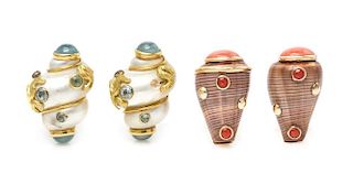 A Collection of Yellow Gold, Shell and Gemstone Earclips, Fondas, 28.20 dwts.