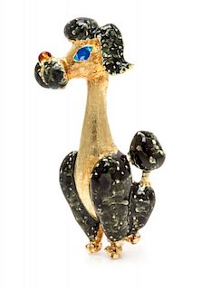 A Yellow Gold and Polychrome Enamel Poodle Brooch, 7.90 dwts.