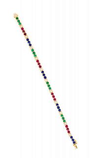 An 18 Karat Yellow Gold Diamond, Ruby, Sapphire and Emerald Line Bracelet, 6.70 dwts.