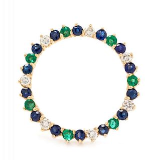A Yellow Gold, Diamond, Sapphire and Emerald Circle Brooch, 2.50 dwts.