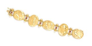 An 18 Karat Yellow Gold, Cultured Pearl and Ruby "Classics Collection" Bracelet, Tagliamonte, Italy, 23.10 dwts.