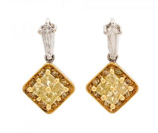A Pair of 18 Karat Bicolor Gold, Colored Diamond and Diamond Earrings, Gregg Ruth, 3.40 dwts.