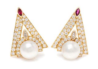 A Pair of 18 Karat Yellow Gold, Cultured Pearl, Diamond and Ruby Clip Brooches, 19.40 dwts.