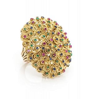 A 14 Karat Yellow Gold, Ruby, Sapphire and Emerald Ring, 11.70 dwts.