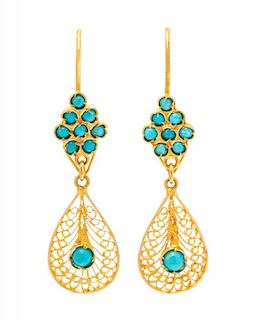 A Pair of 18 Karat Yellow Gold and Turquoise Pendant Earrings, 3.60 dwts.