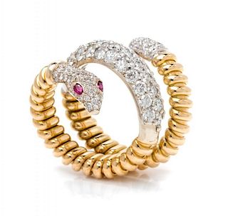 A Bicolor Gold, Diamond and Ruby Serpent Ring, 14.40 dwts.
